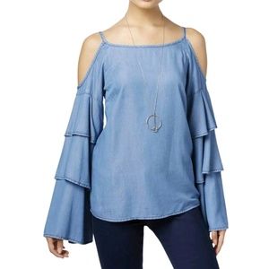 NWT INC. MSRP$89 Chambray Ruffled Cold Shoulder Top